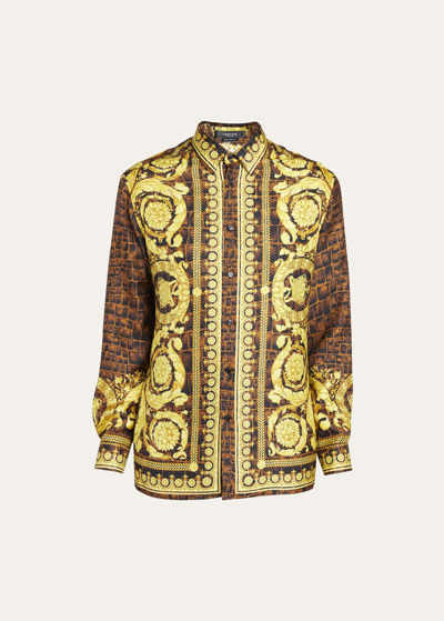 Shop Versace Men's Baroccodile Silk Twill Sport Shirt In Caramelblackgold