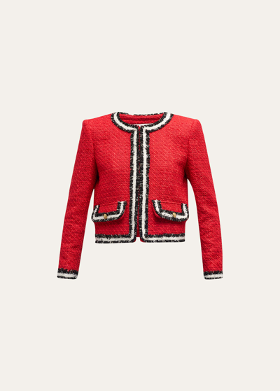 Shop Alice And Olivia Landon Cropped Tweed Jacket In Perfect Rubyblack