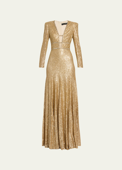 Shop Jenny Packham Celestia Sequined V-neck Gown In Gold
