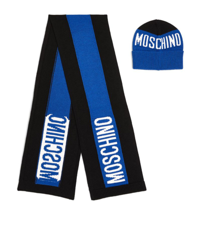 Shop Moschino Kids Knitted Logo Hat And Scarf Set In Blue