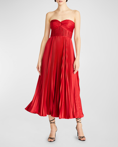 Shop Amur Ruched Bustier Pleated Ankle Dress In Cranberry Red