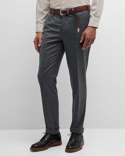 Shop Brunello Cucinelli Men's Light Flannel Flat-front Trousers In Black