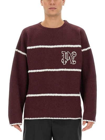 Palm Angels Embroidered-monogram Striped Jumper In Bordeaux