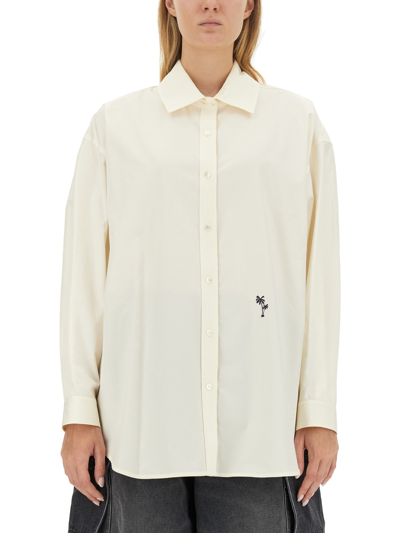 Shop Palm Angels Shirt With Embroidered Logo In Ivory