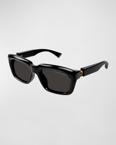 Shop Alexander Mcqueen Men's Am0431sm Acetate Rectangle Sunglasses In Shiny Solid Black