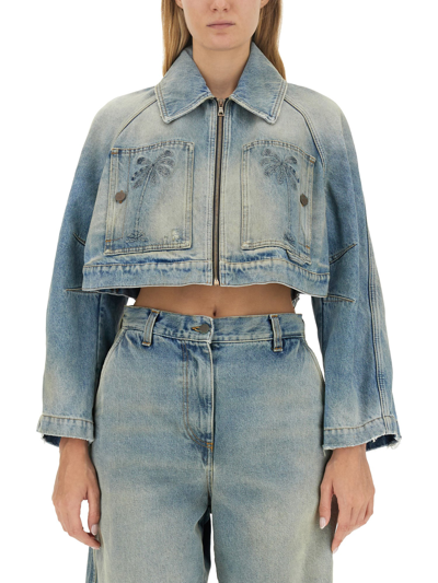 Shop Palm Angels Cropped Fit Jacket In Baby Blue