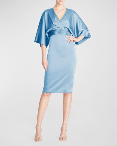 Shop Theia Kimono-sleeve Satin Cocktail Dress In Storm Blue