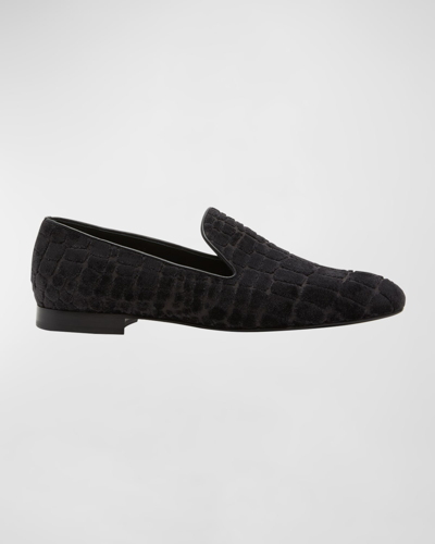 Shop Versace Men's Croc-stamped Loafers In Black