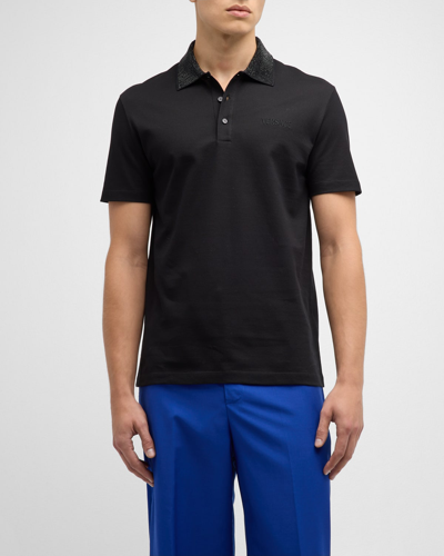 Shop Versace Men's Polo Shirt With Studded Collar In Black