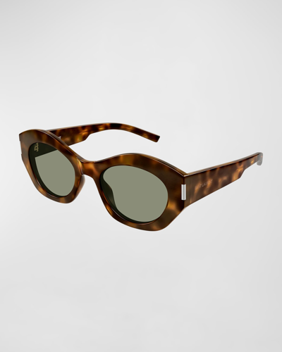 Shop Saint Laurent Logo Acetate Cat-eye Sunglasses In Shiny Medium Hava