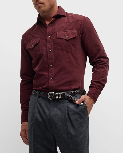 Shop Brunello Cucinelli Men's Leisure Fit Corduroy Western Shirt In Purple