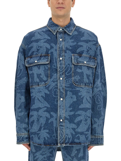Palm Angels Printed Denim Oversize Shirt In Blue