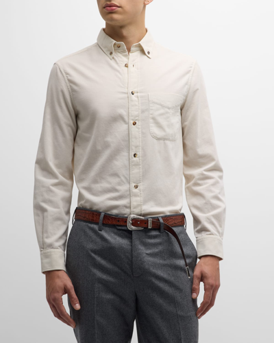Shop Brunello Cucinelli Men's Loose Fit Corduroy Sport Shirt In Off White