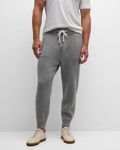 Shop Brunello Cucinelli Men's Cashmere Ribbed Sweatpants In Light Grey