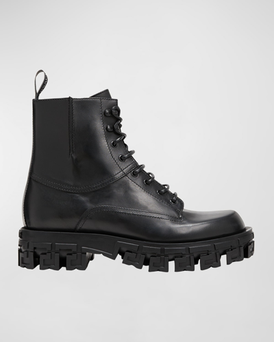 Shop Versace Men's Greca-sole Leather Combat Boots In Black