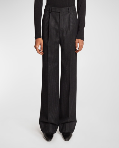 Shop Saint Laurent Men's Pinstripe Flannel Trousers In Black-blac