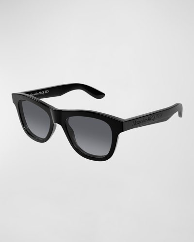 Shop Alexander Mcqueen Men's Am0421sm Acetate Rectangle Sunglasses In Shiny Solid Black