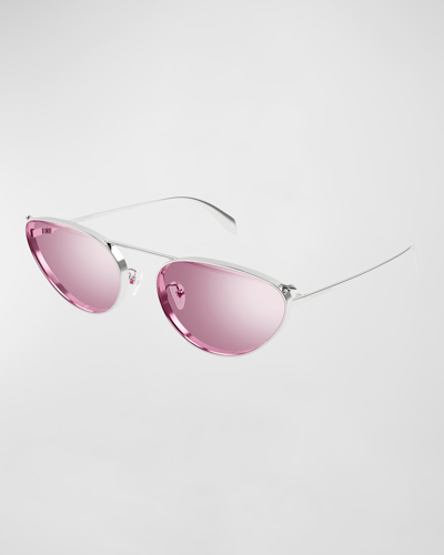 Shop Alexander Mcqueen Studded Metal Cat-eye Aviator Sunglasses In Shiny Silver