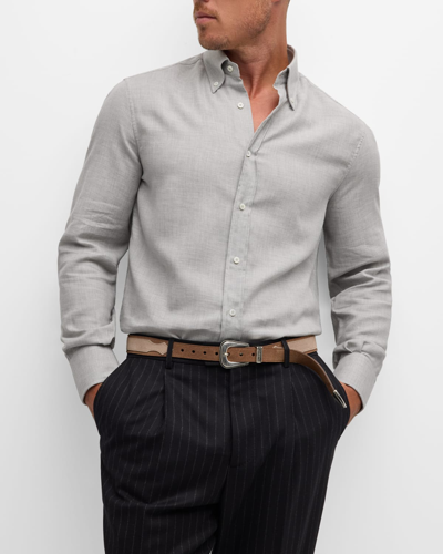 Shop Brunello Cucinelli Men's Cotton-cashmere Twill Sport Shirt In Grey