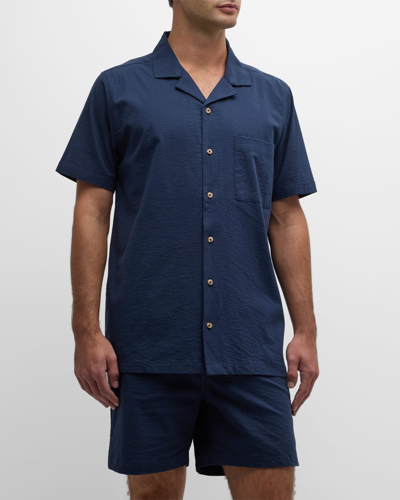 Shop Onia Men's Seersucker Camp Shirt In Deep Navy