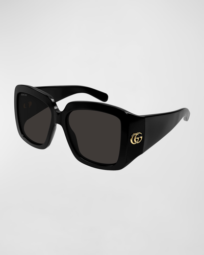 Shop Gucci Gg Plastic Rectangle Sunglasses In Shiny Black Mazzu