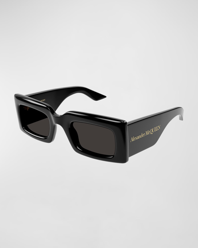 Shop Alexander Mcqueen Beveled Acetate Rectangle Sunglasses In Shiny Solid Black