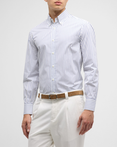 Shop Brunello Cucinelli Men's Cotton Stripe Sport Shirt In White/blue