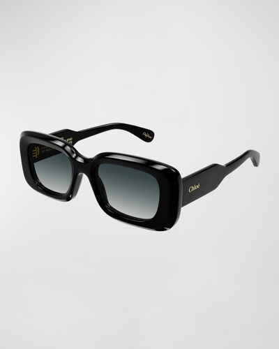 Shop Chloé Acetate Rectangle Sunglasses In Shiny Solid Black