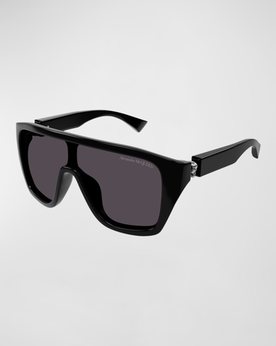 Shop Alexander Mcqueen Men's Am0430sm Acetate Shield Sunglasses In Shiny Solid Black