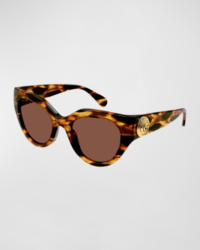 Shop Gucci Gg Emblem Acetate Cat-eye Sunglasses In Shiny Dark Havana