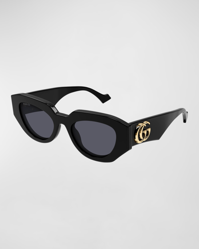 Shop Gucci Geometric Acetate Butterfly Sunglasses In Shiny Solid Black
