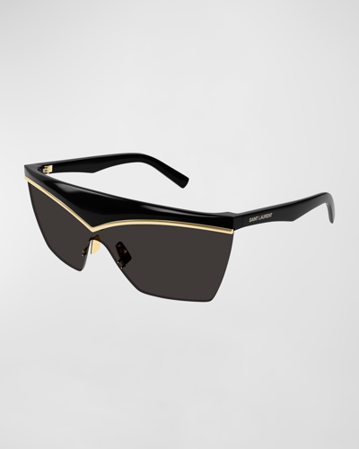 Shop Saint Laurent Logo Acetate Shield Sunglasses In Shiny Black Light