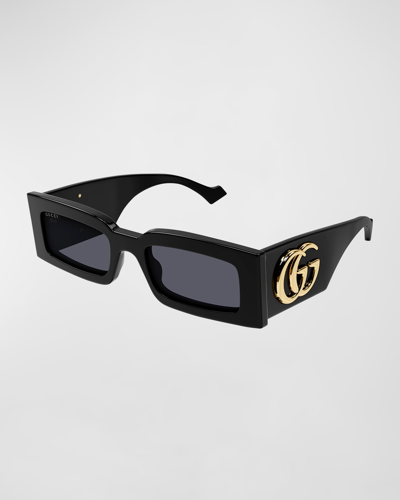 Shop Gucci Geometric Acetate Rectangle Sunglasses In Shiny Solid Black