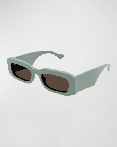 Shop Gucci Men's Gg1426sm Acetate Rectangle Sunglasses In Shiny Solid Sage