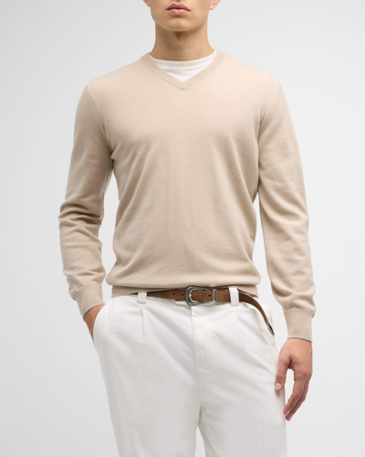 Shop Brunello Cucinelli Men's Cashmere V-neck Sweater In Off White