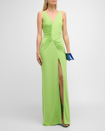 Shop Sergio Hudson Ruched Sleeveless Slit-hem Evening Gown In Neon Green