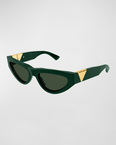 Shop Bottega Veneta Inverted Triangle Acetate Cat-eye Sunglasses In Shiny Solid Dark