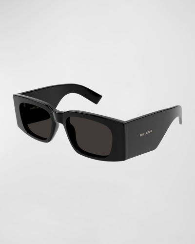 Shop Saint Laurent Micro-logo Acetate Rectangle Sunglasses In Shiny Solid Black