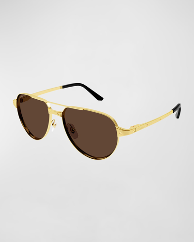 Shop Cartier Men's Ct0425sm Metal Aviator Sunglasses In 003 Gold