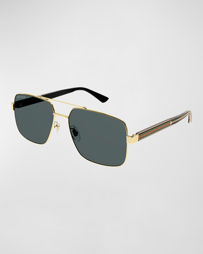 Shop Gucci Men's Gg0529sm Double-bridge Aviator Sunglasses In 005 Smoke Gold