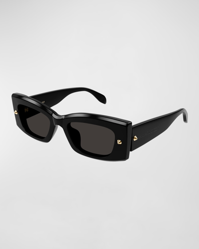 Shop Alexander Mcqueen Studded Acetate Rectangle Sunglasses In Shiny Solid Black