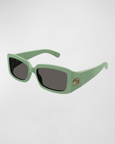 Shop Gucci Gg Plastic Rectangle Sunglasses In Shiny Solid Sage