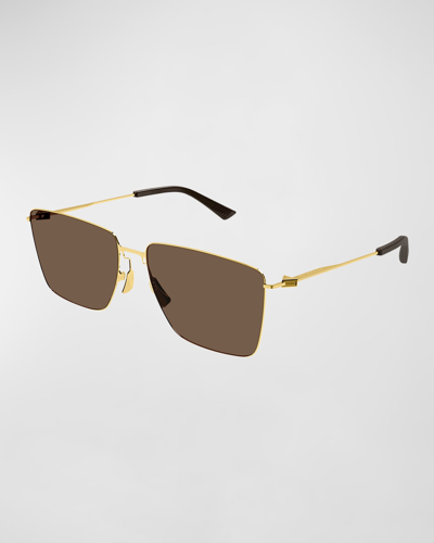 Shop Bottega Veneta Men's Bv1267sm Ultrathin Metal Rectangle Sunglasses In 02 Shiny Gold Btv