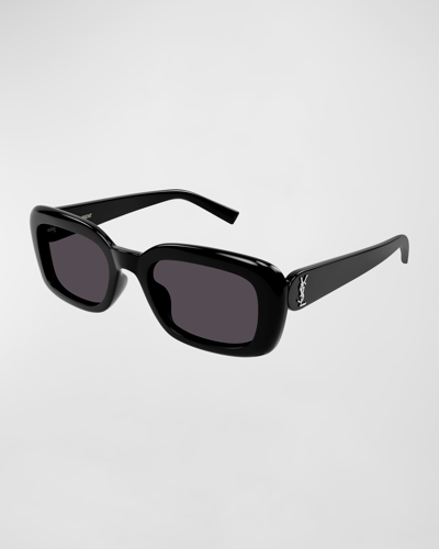 Shop Saint Laurent Ysl Acetate Rectangle Sunglasses In Shiny Solid Black