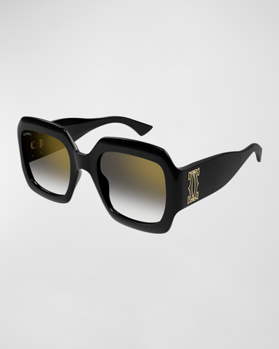 Shop Cartier Monogram Acetate Square Sunglasses In 001 Black Colour
