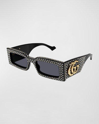 Shop Gucci Embellished Acetate Rectangle Sunglasses In Shiny Solid Black
