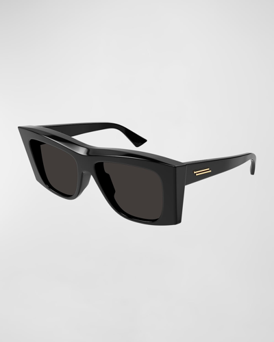 Shop Bottega Veneta Beveled Acetate Rectangle Sunglasses In Shiny Solid Black