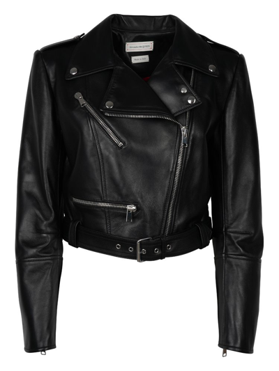 Shop Alexander Mcqueen Cropped Zipped Leather Biker Jacket In Black
