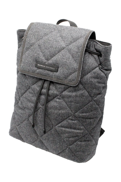 Shop Brunello Cucinelli Logo Plaque Quilted Drawstring Backpack In Grey
