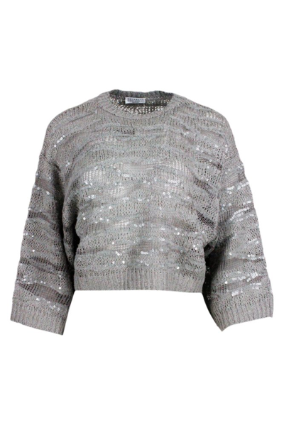 Shop Brunello Cucinelli Cropped Knitted Jumper In Grey